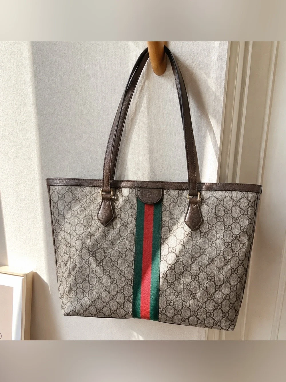 Gucci Brown GG Supreme Tote with Green and Red Web